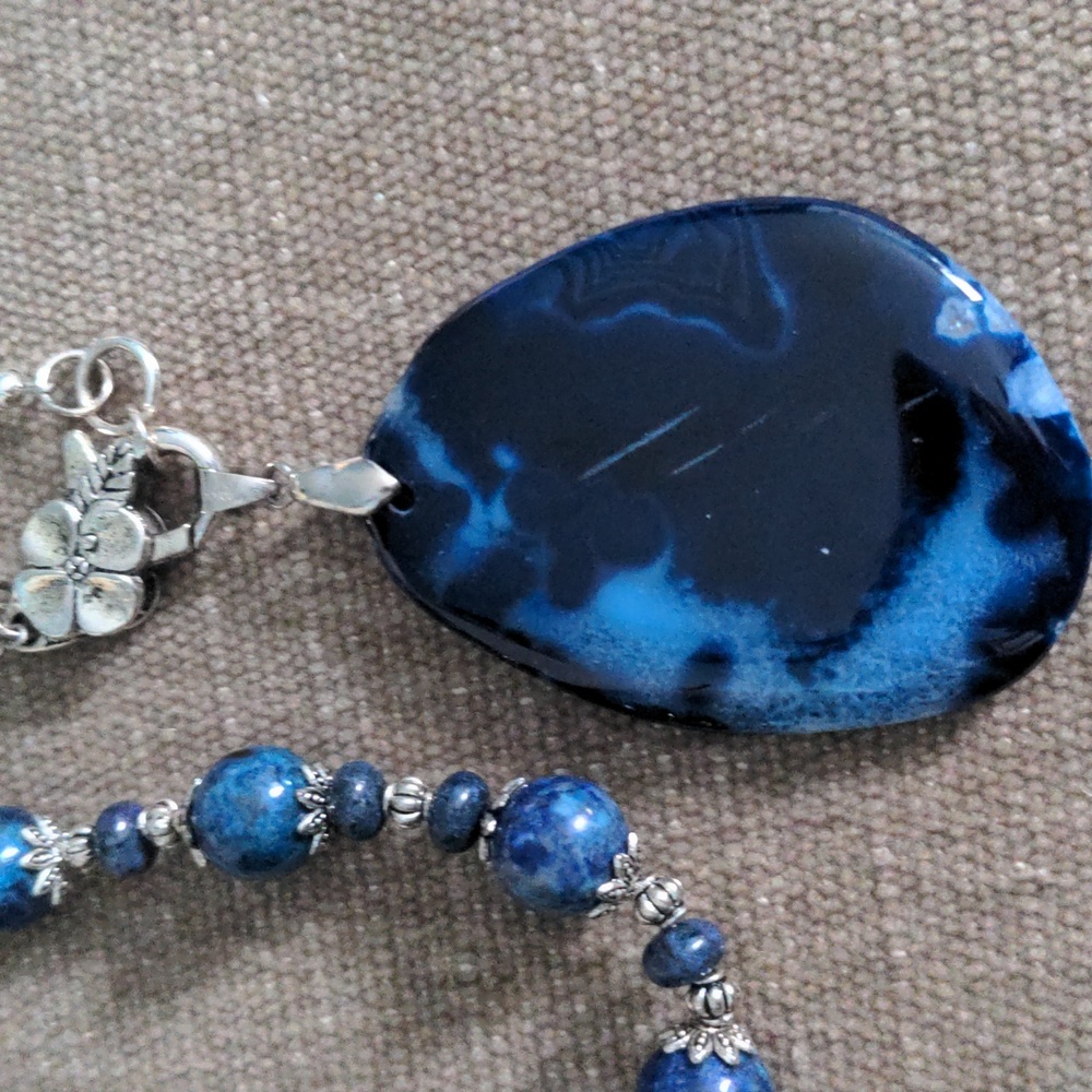 Blue Gemstone Beaded Pendant Necklace, 33" Long, New, Genuine Statement, Floral - Picture 6 of 8